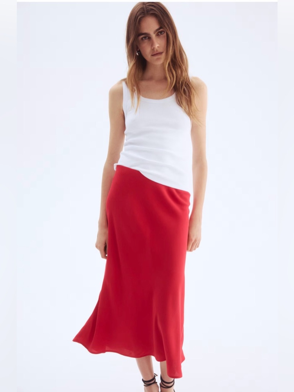 H&M Flared Slip Skirt Red Midi